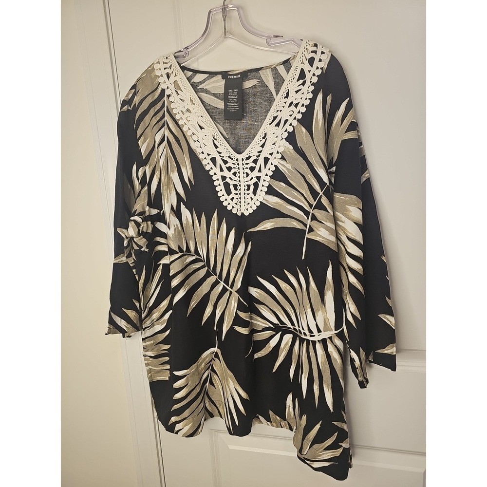 Premise Tunic Top Women Black Tan Crochet VNeck Palm Leaf 3/4 Sleeve Linen XXL